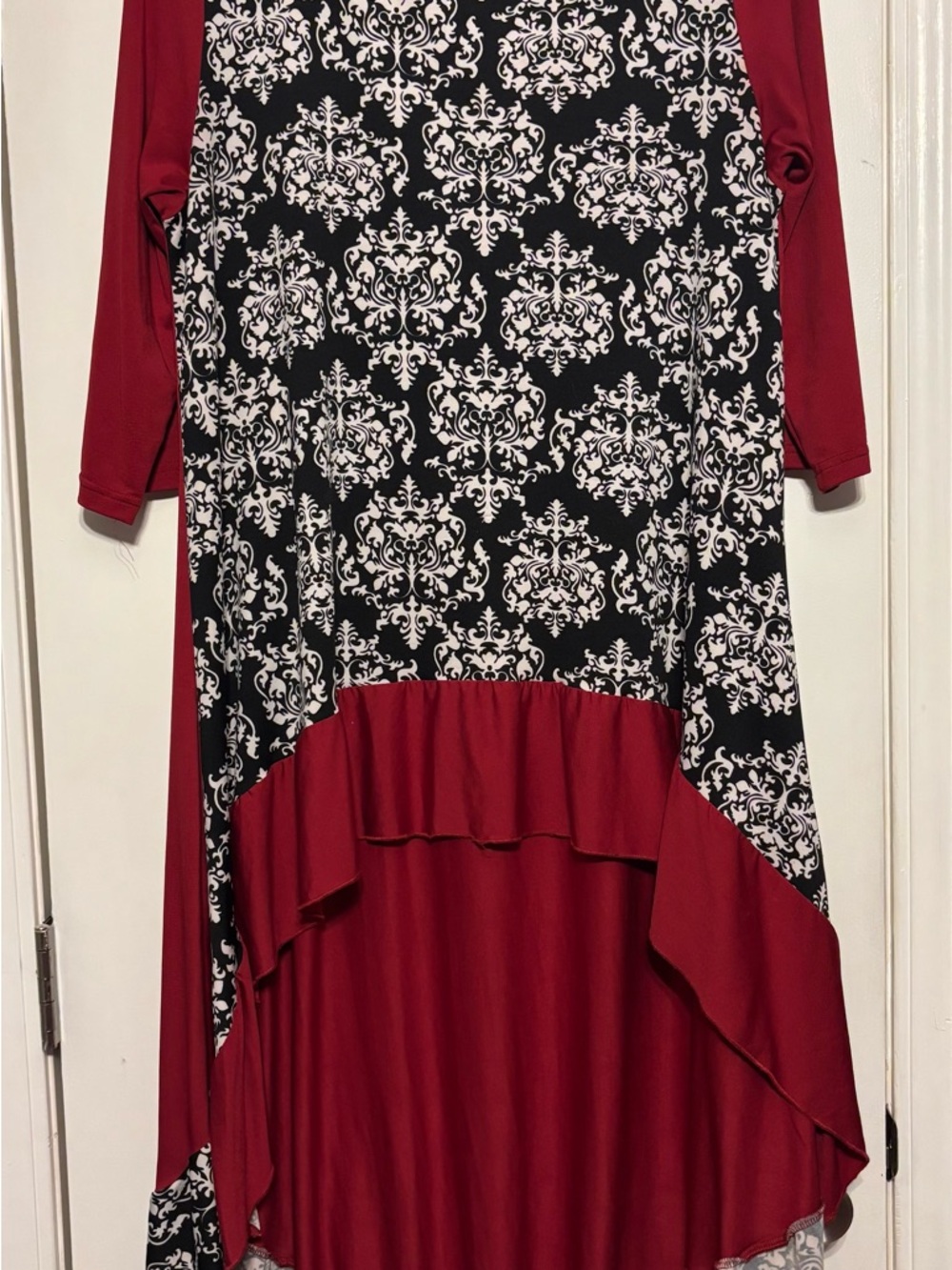 Women's Red & Black Damask High-Low Ruffle Blouse